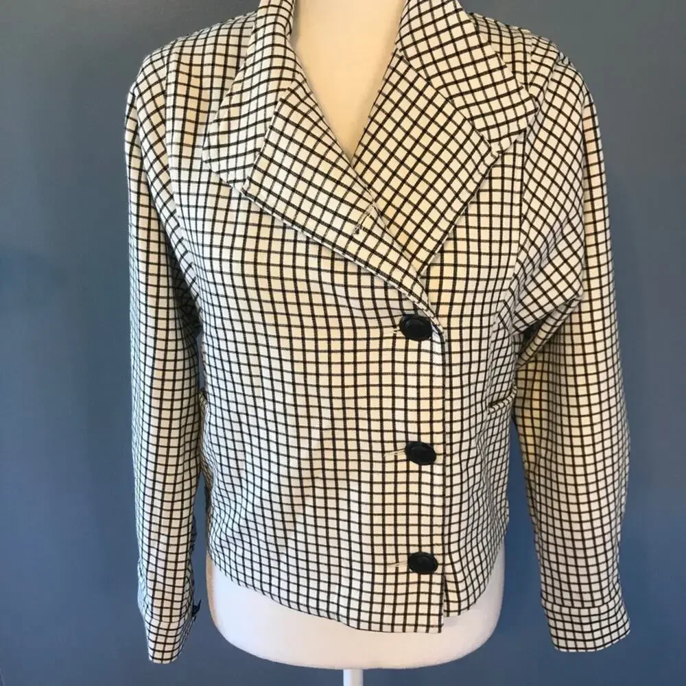 CAbi Windowpane Jacket Unlined Asymmetrical Front Black White #3173 Women's XS